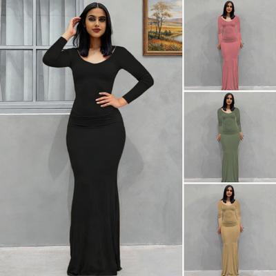 Long Sleeve Maxi Dress for Women Fall Casual Crew Neck Long Dress Slim Fit Bodycon Ruched Cocktail Party Dress