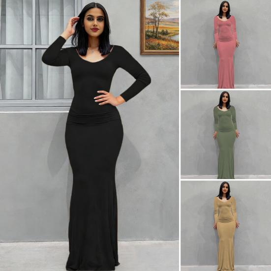 Langärmeliges Maxikleid für Damen Herbst Casual Rundhals Langkleid Slim Fit Bodycon Raffiniert Cocktailpartykleid