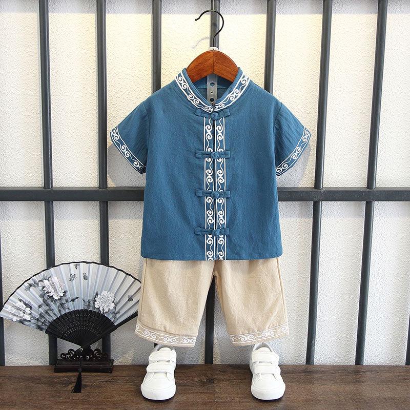 Completo Estivo da Ragazzo a Maniche Corte Stile Cinese per Bambini Hanbok Bello Completo Tang Cotone Lino Sezione Sottile di Abbigliamento Antico