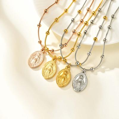 Luxury Retro Rosary Virgin Mary Necklaces For Women,Stainless Steel Beads Chain Madonna Pendant Cross Tail,Religion Pray Jewelry