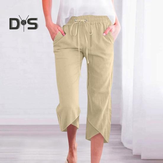 Damen Cropped-Hose, elastischer Kordelzug in der Taille, lässiges Design mit lockerem Bein, Freizeithose, einfarbig, lockere Passform, Hose mit mittlerer Wade