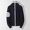 College-Style Cardigan for Men and Women, Four-Stripe Knit Sweater, Thickened for Warmth, Convertible High Collar, Long-Sleeve Sweater Jacket