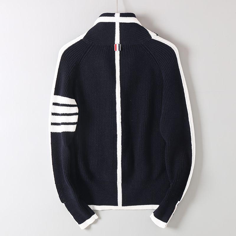 College-Style Cardigan for Men and Women, Four-Stripe Knit Sweater, Thickened for Warmth, Convertible High Collar, Long-Sleeve Sweater Jacket
