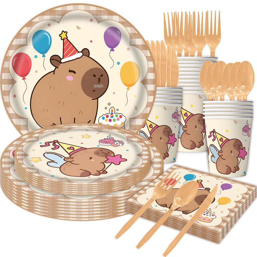 Capybara Party Set: Disposable Plates, Cups, Napkins, Tablecloth, Banner for Boys