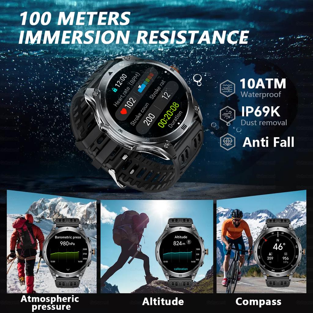 New Military GPS SmartWatch 1.75 HD  10ATM/IP68Waterproof Compass Smartwatch 1000mAh Large Battery BT Call SmartWatche
