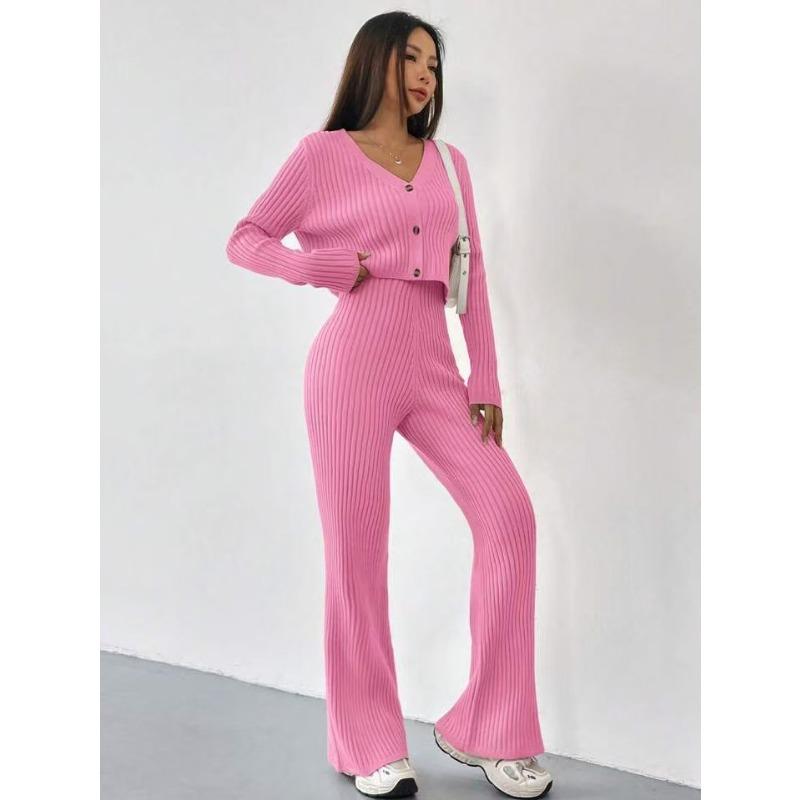 Korean-style Solid-color Knitted Two-piece Set, V-neck Short Knitted Cardigan, Slightly Flared Pants, Versatile Casual Women's Wear