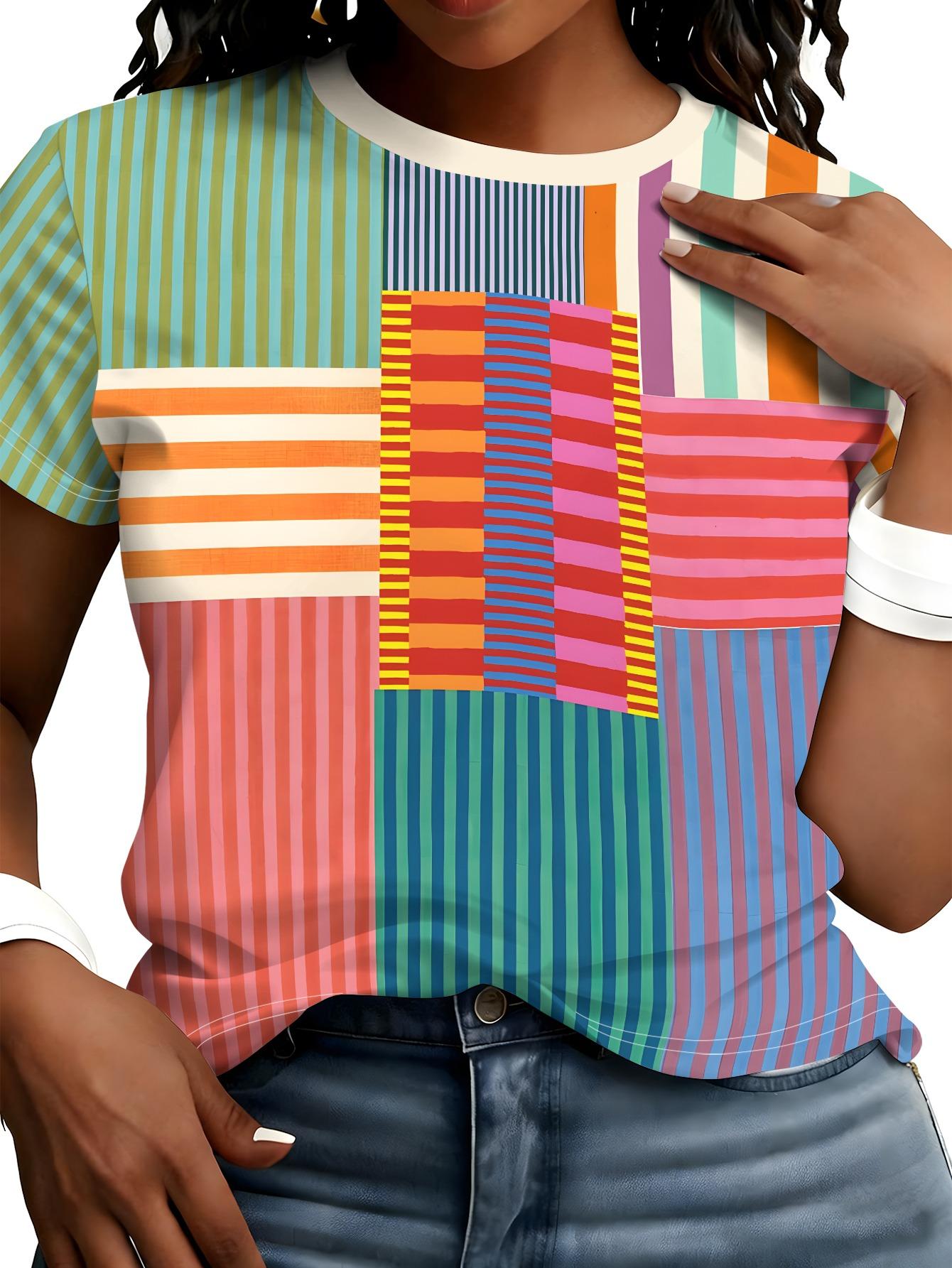 

[Printed Design- No Texture] American Retro Geometric Stripe Patchwork Pattern T-Shirt Women S Round Neck Short Sleeve Dopamine Fashion Wardrobe Full S дубильная кора