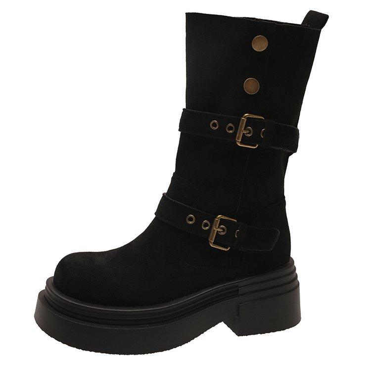 Thick-soled Martin boots women's autumn and winter new retro suede medium boots belt buckle two wear western cowboy boots
