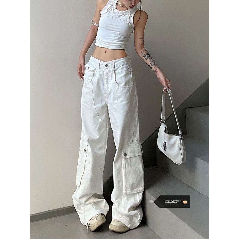 

Джинсы карго прямого кроя в американском стиле большого размера, женские, осенние, с высокой посадкой, дизайн в стиле хэви-индастри, свободные широкие брюки-швабры White XL [Suggested 60.00 kg-67.50 kg]]