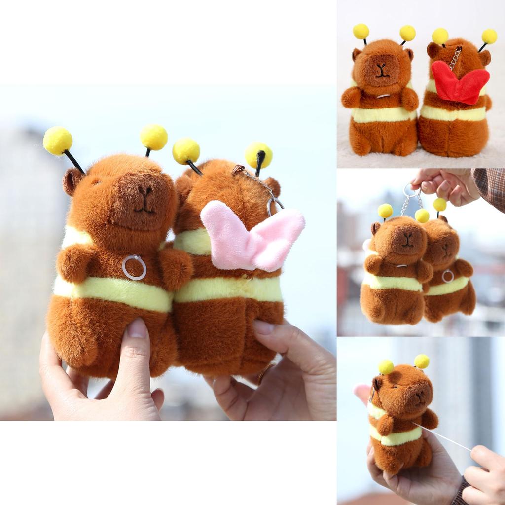 Animal Plush Toy Keyring Featuring Capybara And Bee Design With Soft Short Pile Material