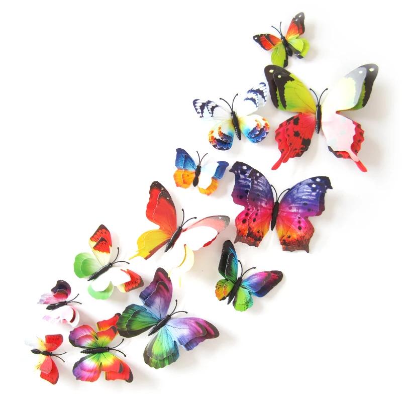 12Pcs Mixed Color Double Layer Butterfly 3D Wall Sticker for Wedding Decoration Magnet Butterflies Fridge Stickers Home Decor