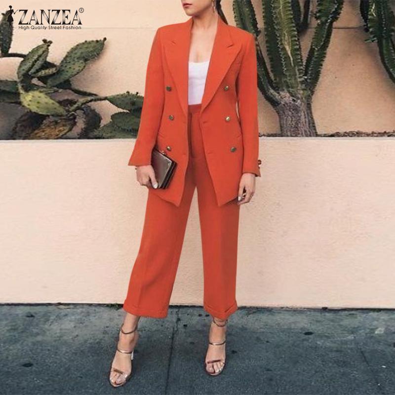 

ZANZEA Женские универсальные комплекты для поездок на работу, пиджак и брюки с лацканами, костюм из двух предметов S бежевый