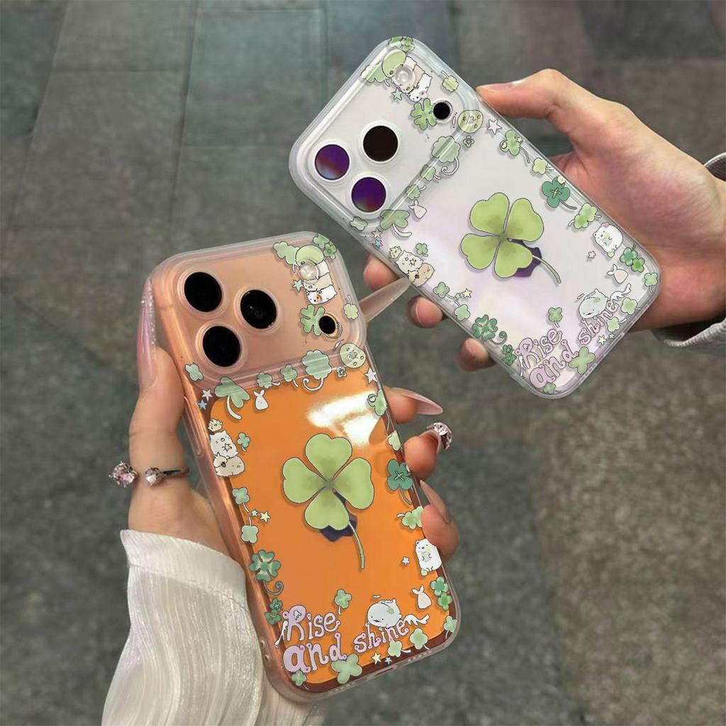 Fresh Four-Leaf Clover Integrated Button Phone Case for Apple 17/16/17 Pro Max/14/13 Cartoon