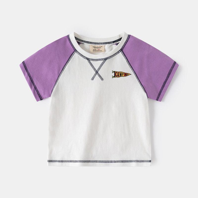 Summer Children s Clothing Boys Color-Blocked Round-Neck Tops Baby Short-Sleeved T-Shirt Tops Children s Pure Cotton Clothes Base Shirt White 130 cm