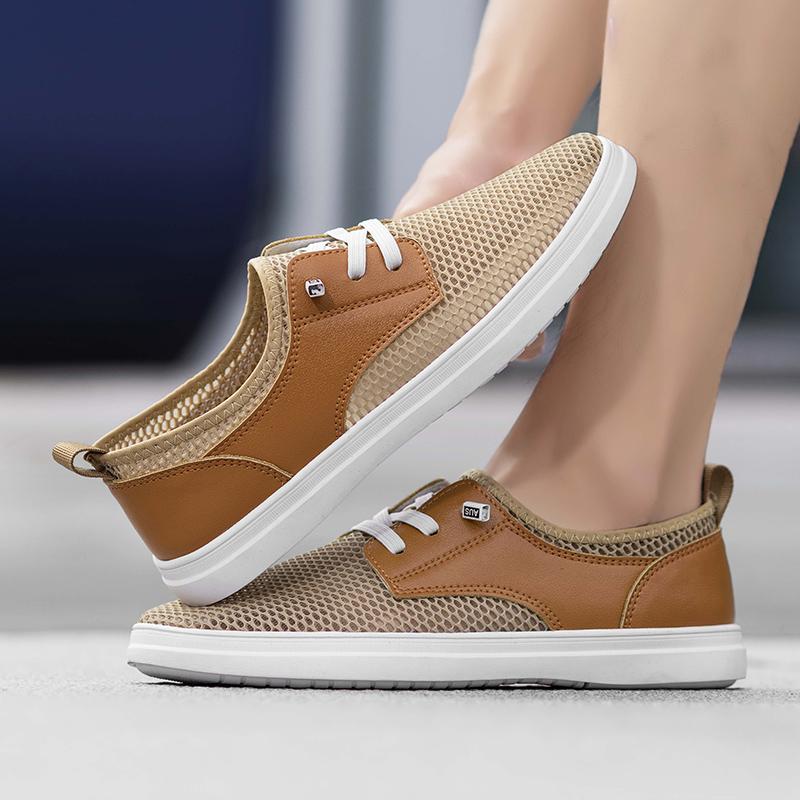Summer Men's Cowhide Breathable Mesh Shoes Brand Trend Fashionable New Comfortable Lace Up Men's Outdoor Leisure Sports Shoes