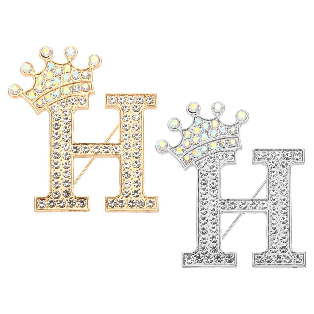2pcs Letter Brooch Pins Crown Initial Rhinestone Alphabet A-W Letter Lapel Badges Pin for Women Suits Dress Coat Clothes Craft