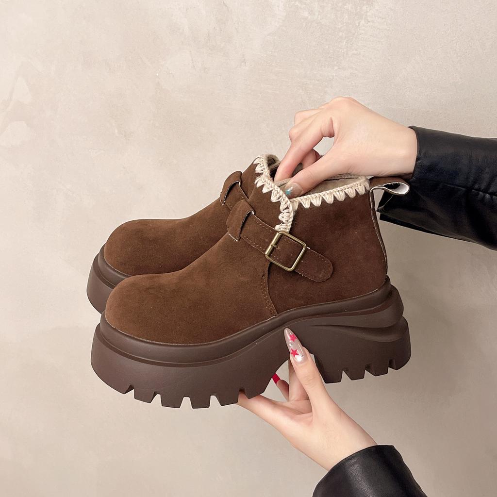 Small muffin thick-soled heightening Martin boots women's super fire small short boots Maillard brown versatile autumn and winter knight boots