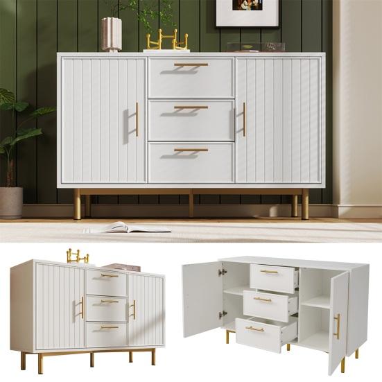 Makeup Desk Dressing Table with 2 Drawers Golden Handle Decorative Ribs Metal Frame Modern White Easy Assembly Bedroom Side Narrow Console Vanity