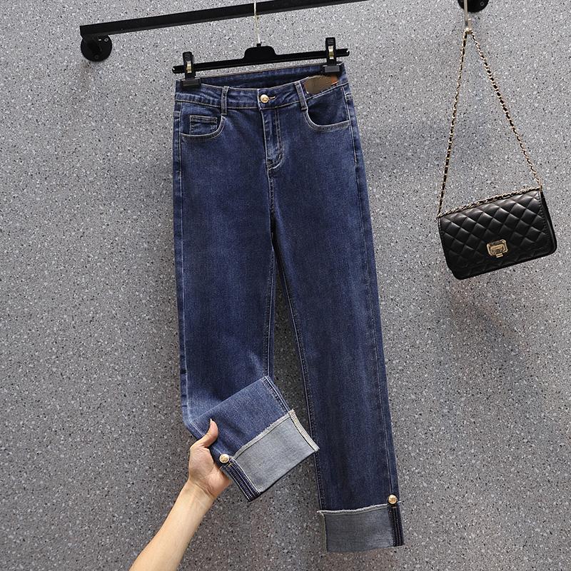 

DIMANAF 2023 Большие размеры летние джинсы Длинные брюки Женские эластичные свободные повседневные женские базовые прямые брюки полной длины Широкие брюки синие с высокой талией