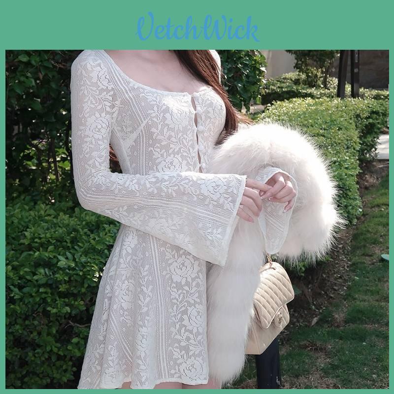 French Lace Hollow Long Sleeve Dress For Ladies Autumn Winter Chic Aline Short Skirt