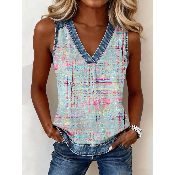 2026 Women s Plaid Pattern Patchwork Denim Top Loose-Fit Vest S