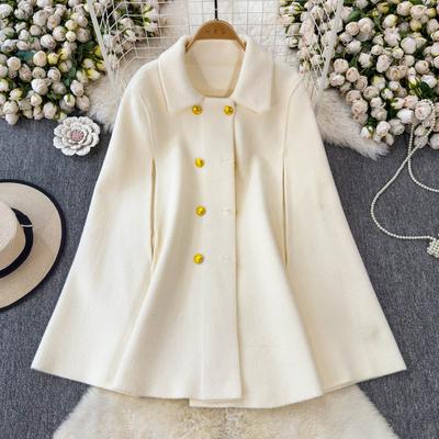 Herbst Winter Damen Luxus Wollmischungen Zweireihiger Umhangmantel mit Gürtel