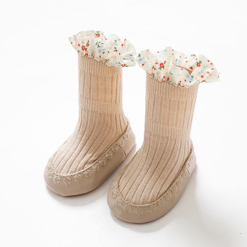 Baby Girls Spring New PU Sole Floor Socks Non-Skid Infant Toddler  Lace Socks Shoes Princess High Quality Cotton Baby Shoes