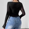 Sexy Chest Hollow Out Mesh Patchwork Long Sleeve Mini T Shirt Slim Top Women Fashion Daily Basic Office Lady Casual Slim Fit Ladies Elegant Top