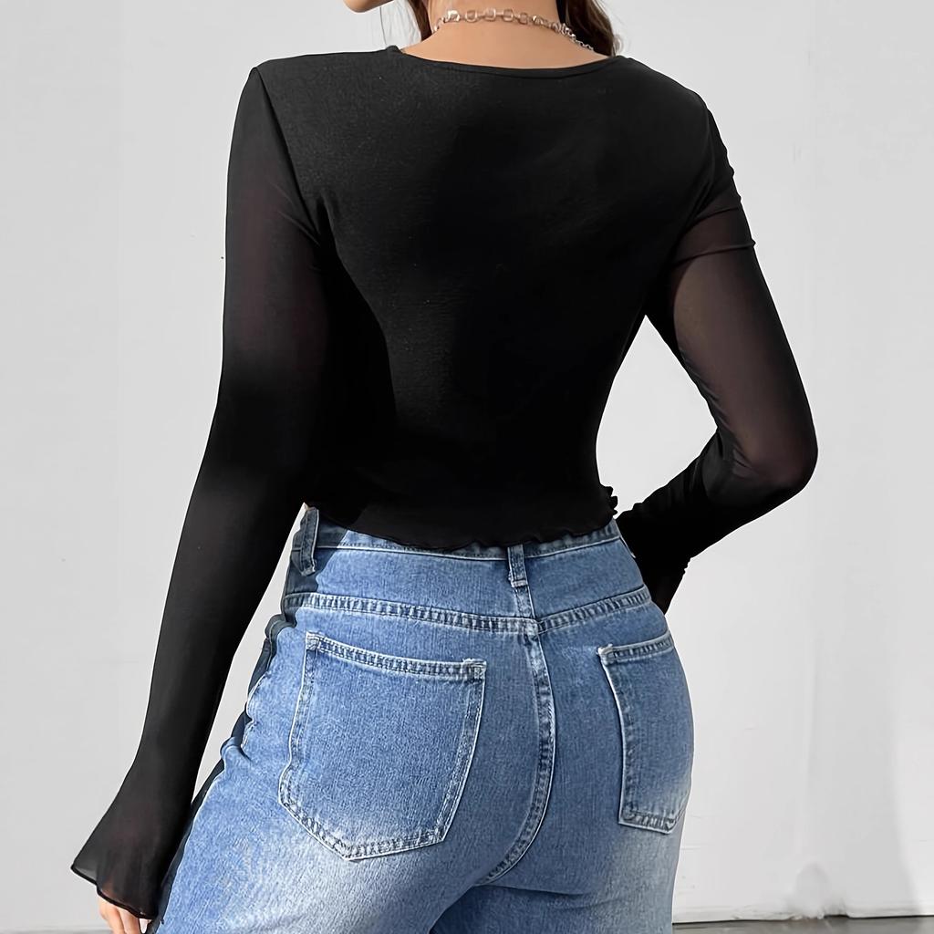 Sexy Chest Hollow Out Mesh Patchwork Long Sleeve Mini T Shirt Slim Top Women Fashion Daily Basic Office Lady Casual Slim Fit Ladies Elegant Top