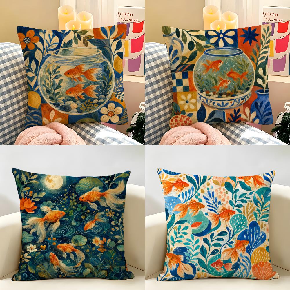 Boho Cat Goldfish Art Cushion Cover Natural Linen Organic Fabric Double-Sided Printing Breathable Perfect For Home Decor