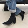 Stretch Slim Women Thick Heel Ankle Boots Fashion Back Zippers Pointed Toe Shoes Winter Short Plush Modern Women's Short Booties