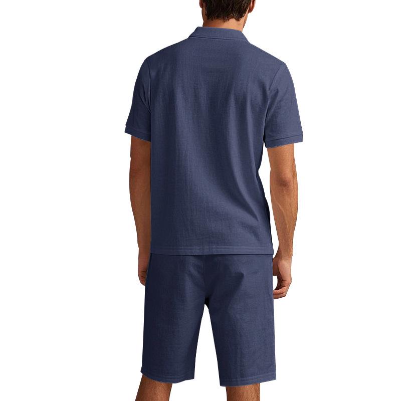 New Men's Linen Casual Lapel Polo Shirt & Short Sleeve Beach Shorts Set - European/American Style