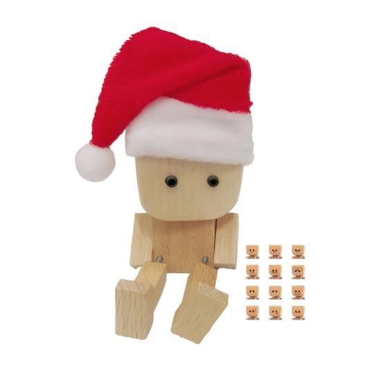 1 Set Christmas Shaking Wooden Man Figurine with 12 Expressions Handmade Santa Hat Shaking Feet Wooden Doll Car Dashboard Desktop Decoration