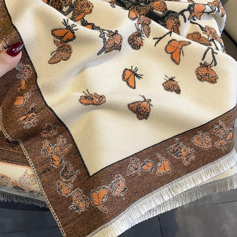 Autumn and winter new versatile imitation cashmere scarf female butterfly flying printing thickened warm shawl scarf