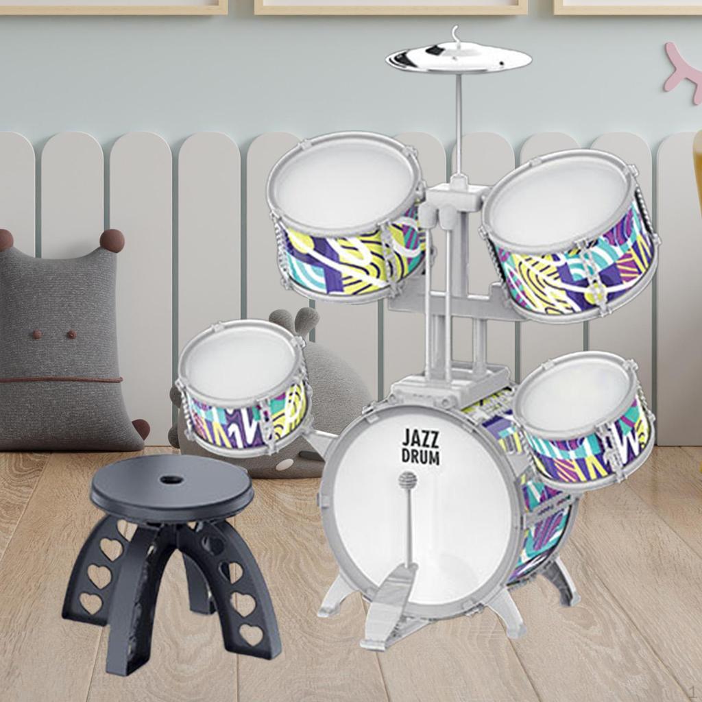 Beginner Kids Drum Set Includes Drumsticks Stool Boys Girls PVC Development Music Toy Educational