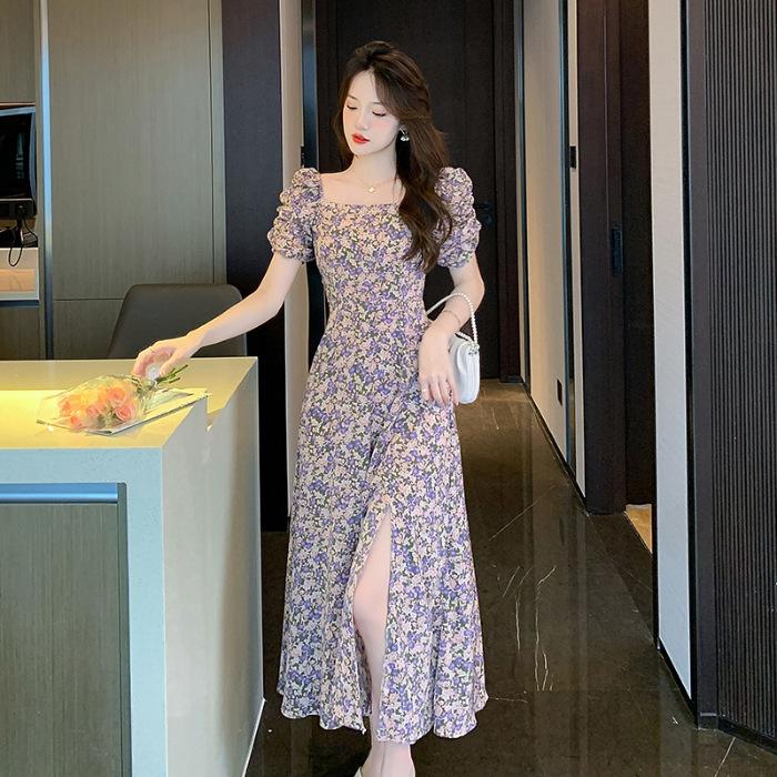 French square neck bubble sleeve floral dress women s summer temperament socialite high-end chiffon waist split skirt S