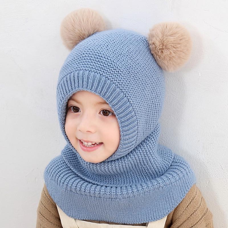 Koreaanse Stijl Kinder Dubbele Pompon Oorflappen Hoed & Eendelig Sjaal Set (Herfst/Winter 2025 Collectie)