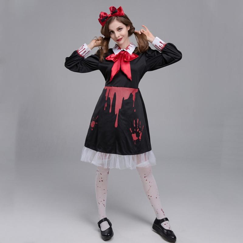 Adult Bloody Zombie Ghost for Doll Dress Bow Headpiece Set Cosplay Costume Women Halloween Role Pretend for Play Party O