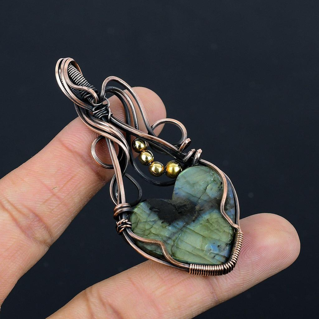 Labradorite Pendant, Handmade Gemstone 999 Copper Wire Wrapped Pendant Antique Jewelry, For Gift Silver Jewelry
