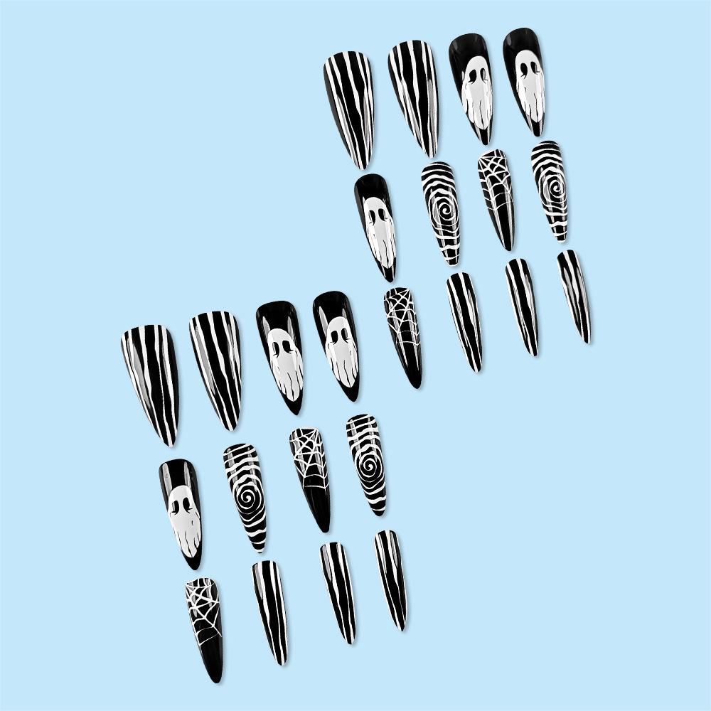 Hot-selling Water Drop Nail Art Tablets, Striped Spider Web Fake Nail Patches Wholesale, Halloween Grimace Wearing Nail