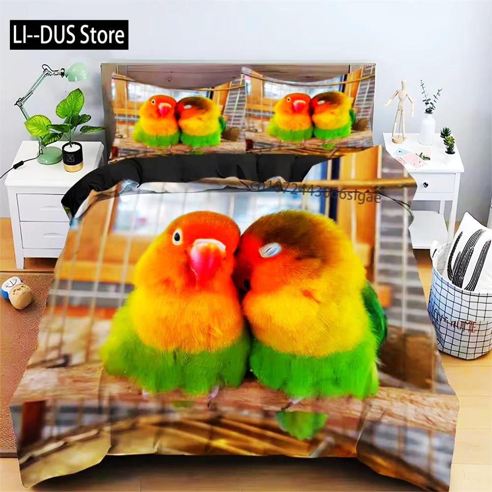 Comforter Parrot King Queen Bedding Set Cute Birds Colourful Feather Tropical Flowers Comforter Polyester