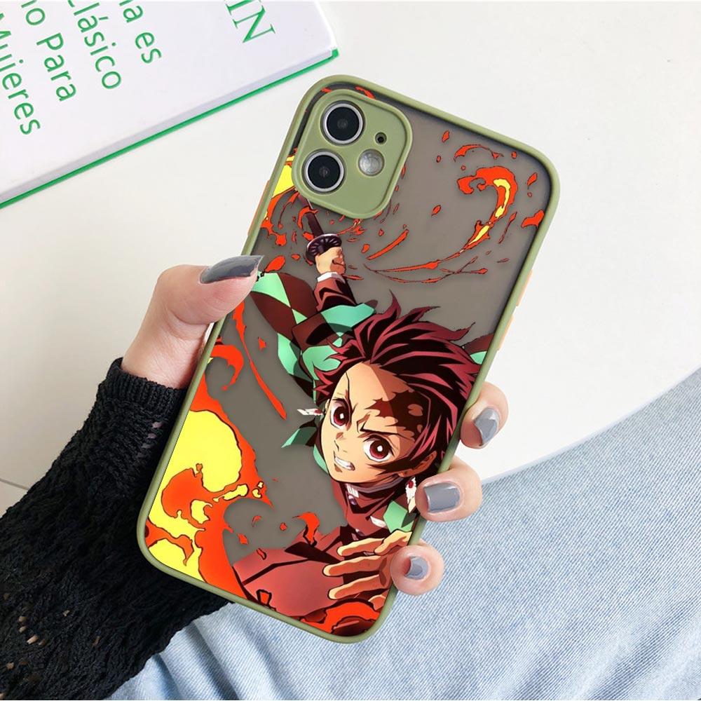 Matte Case For iPhone 11 12 13 14 Pm Pro Max XR X 8 7 Plus Pro XS Mini Skin Feeling Cover Fundas Shell Japan Anime Demon Slayer