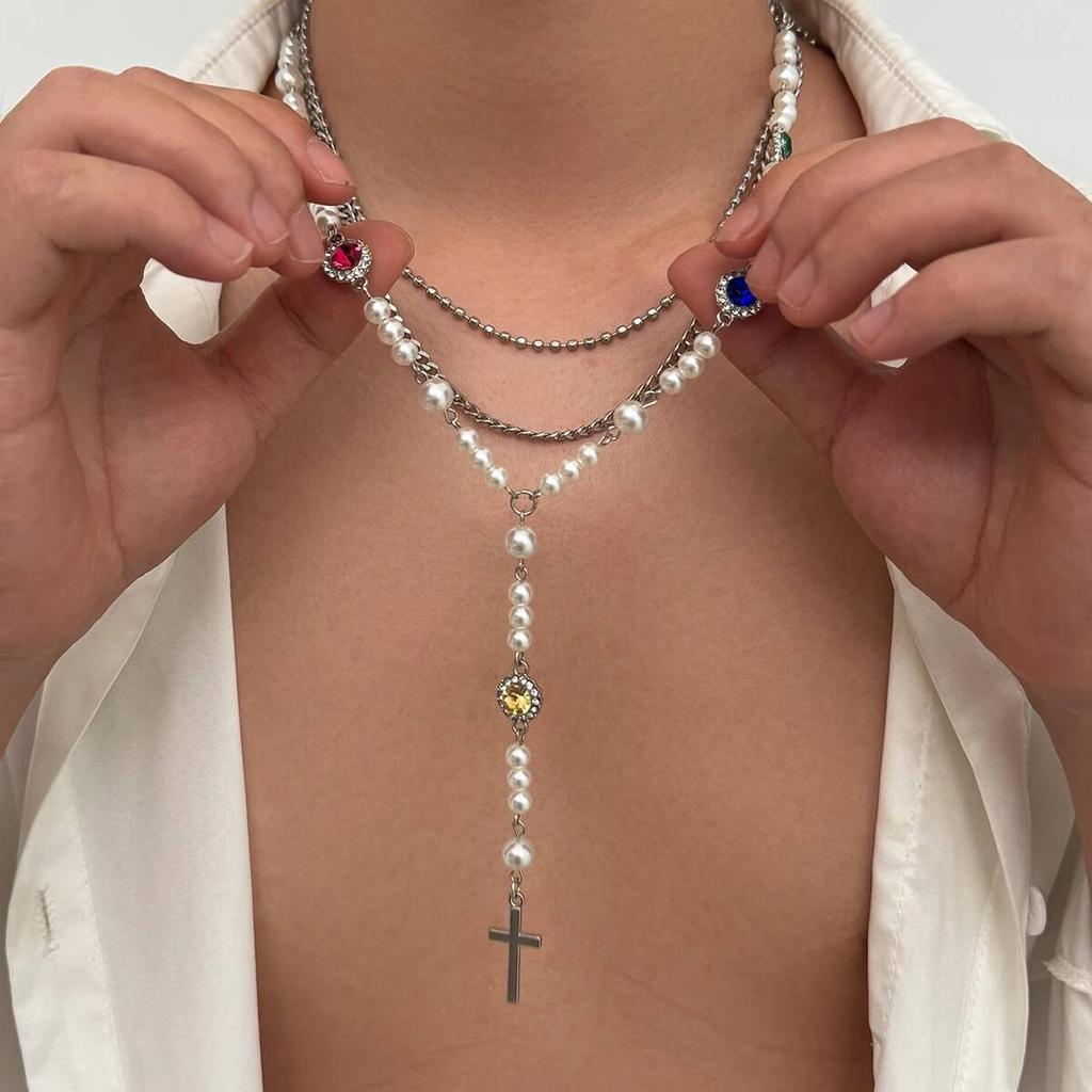 Salircon 3Pcs/Set Punk Stainless Steel Chain Jesus Cross Pendant Necklace Men Exquisite Imitation Pearl Choker Y2K Jewelry Gifts