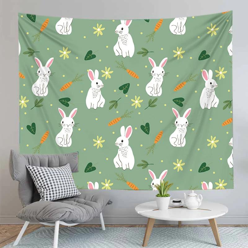 Cute Rabbit Print Tapestry for Girl Boys Dorm Room Decor Easter Rabbit Wall Hanging Kawaii Greetings and Presents for Easter Day