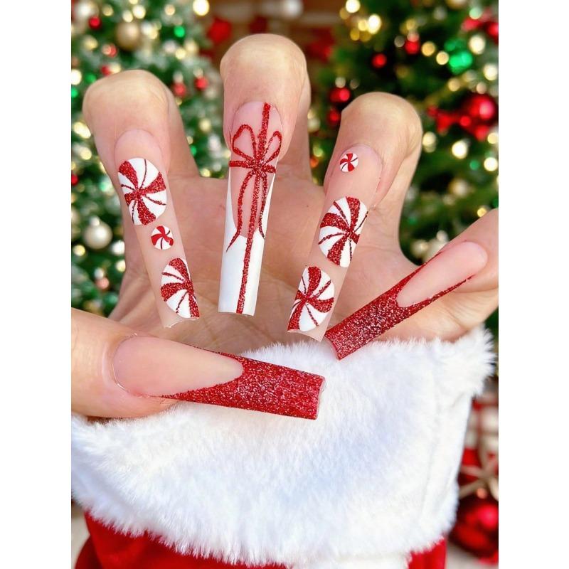 Christmas Press on Nails French Tip Press on Nails Long Coffin with White Elk Snowflakes Decoration Golden Glitter Design Christmas Elegant Style
