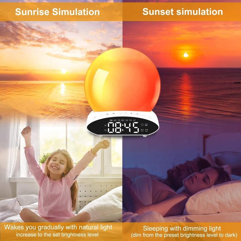 Sunrise Alarm Clock, Light Alarm Clock Sunrise Alarm Clock with LED Display Simulation Alarm Clock Sunset Time Projection FR Radio BRI Function