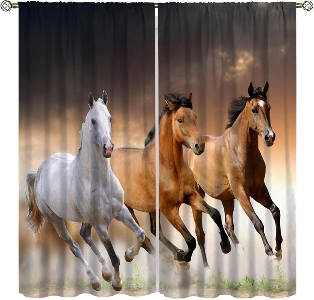 Horse Window Curtains, Western Wild Horses Under Cherry Curtains For Living Room,Country Style Rustic Farm Animal Horse Pink