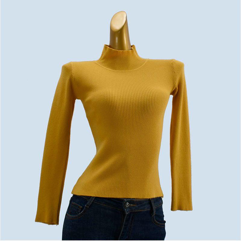 Half-High Collar Short Slim Long Sleeve Stretch Plaid Soft Glutinous Pure Color Knitting Sweater Bottoming Shirt Women's Clothing Easiest for Match