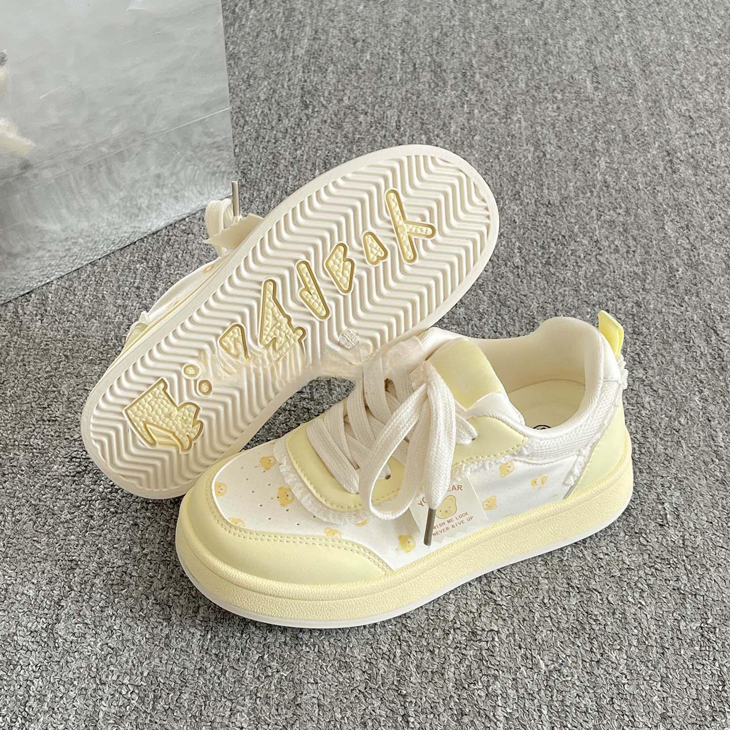 

[Дядя Обувь] Кроссовки в студенческом стиле с мишками 2025 Лето и Осень Кеды Женские Новые Милые Платформа-буханка Маленькие Белые Кроссовки 40 светло-желтого