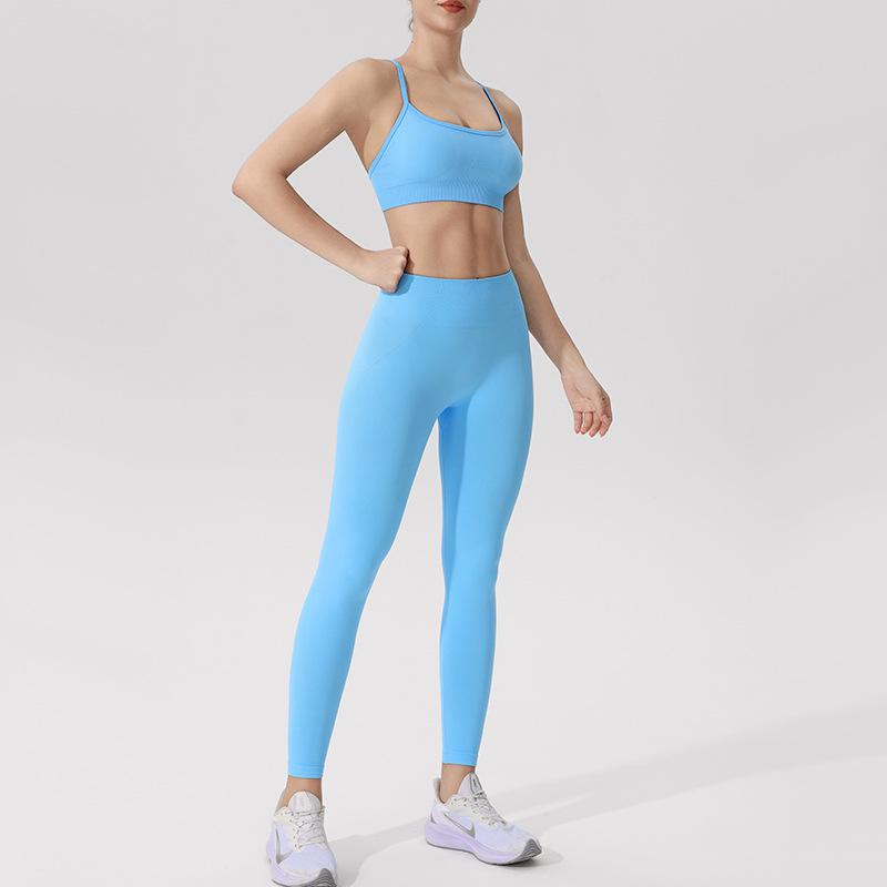 

Персиковый бесшовный комплект для йоги: леггинсы и спортивный бюстгальтер на тонких бретелях Small неон синий